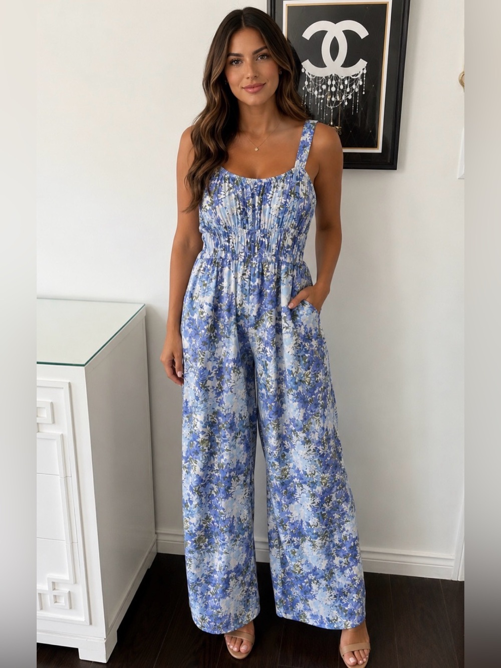 Mittoshop Blue Floral Wide-Leg Smocked Jumpsuit